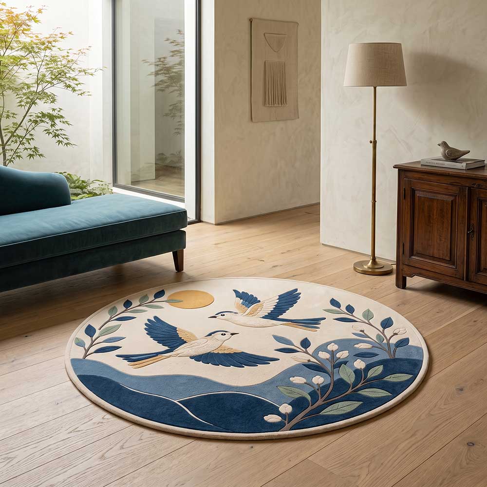 Side angle view of the thick wool pile and durable backing of the Bhadohi artisan rug.
