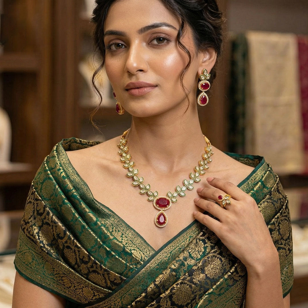 Ruby Red Kundan Necklace Set with Leaf Motifs & Earrings