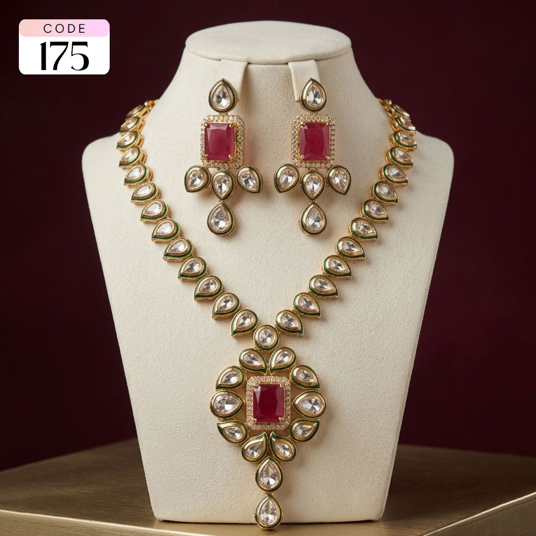 Teardrop Kundan Necklace Set with Ruby Square Accents