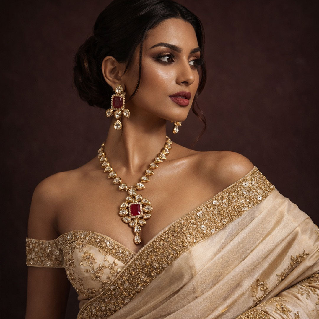 Teardrop Kundan Necklace Set with Ruby Square Accents