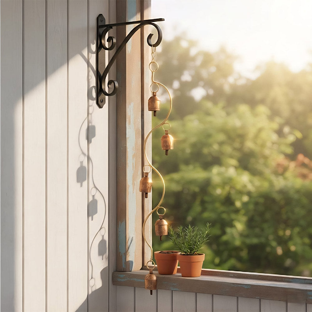 Rustic Copper Bell Wind Chime with Wrought Iron Bracket