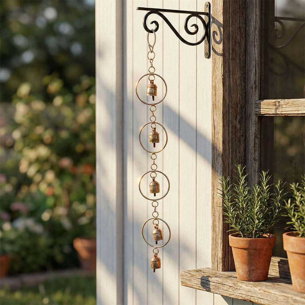 Rustic Metal Garden Bell Chain with 5 Hanging Bells