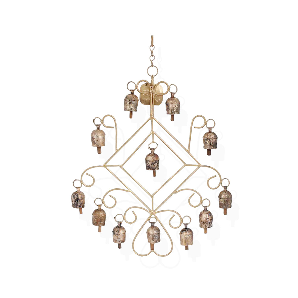 Rustic Iron Garden Wind Chime with 12 Weathered Copper Bells