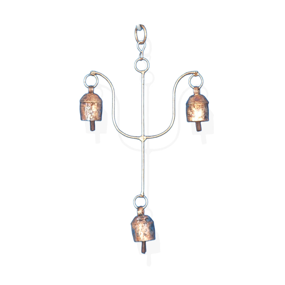 Rustic Brass Triple Hanging Garden Bells with Wall Bracket