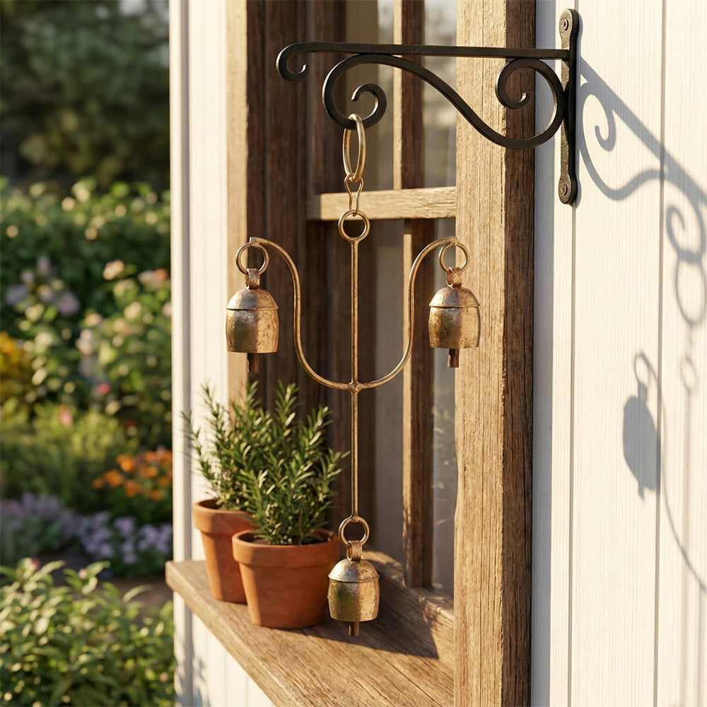 Rustic Brass Triple Hanging Garden Bells with Wall Bracket