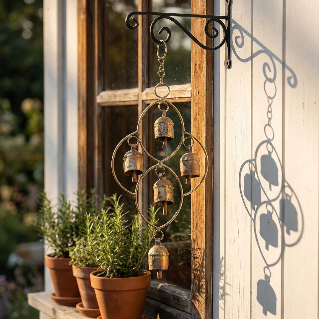 Rustic Vintage Metal Hanging Garden Bells with Wall Bracket