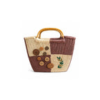 Two-Tone Sabai Grass Tote with Button Details & Leaf Embroidery
