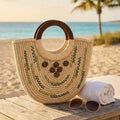 Natural Sabai Grass Crescent Tote with Dark Wooden Handles