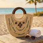 Natural Sabai Grass Crescent Tote with Dark Wooden Handles