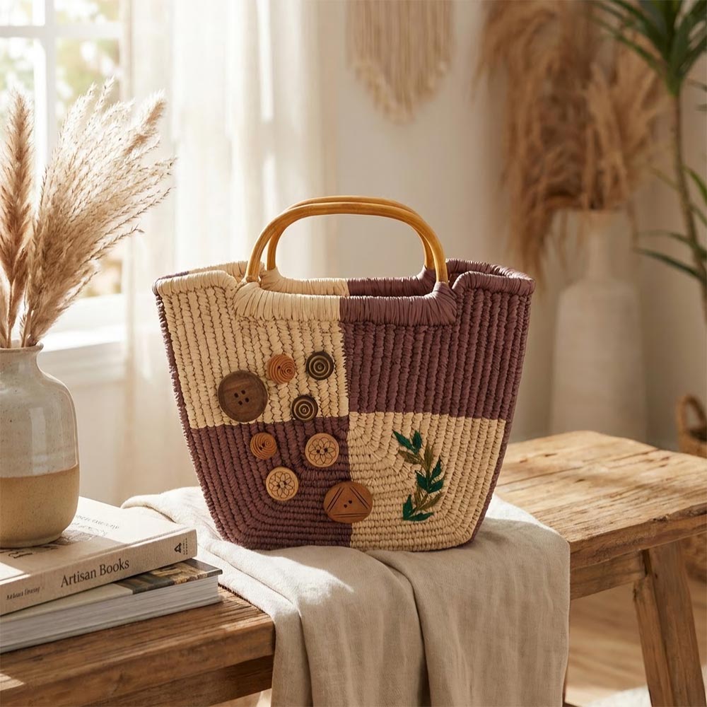 Two-Tone Sabai Grass Tote with Button Details & Leaf Embroidery