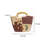 Two-Tone Sabai Grass Tote with Button Details & Leaf Embroidery