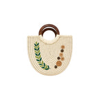 Sabai Grass Crescent Handbag with Leaf Embroidery & Wood Handles
