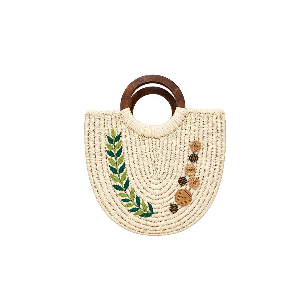 Sabai Grass Crescent Handbag with Leaf Embroidery & Wood Handles