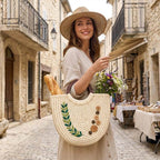 Sabai Grass Crescent Handbag with Leaf Embroidery & Wood Handles