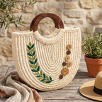 Sabai Grass Crescent Handbag with Leaf Embroidery & Wood Handles
