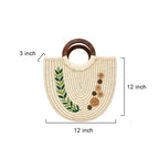 Sabai Grass Crescent Handbag with Leaf Embroidery & Wood Handles