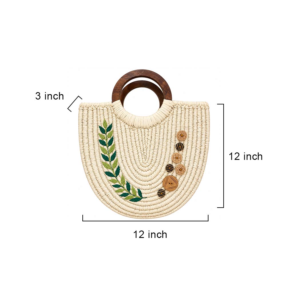 Sabai Grass Crescent Handbag with Leaf Embroidery & Wood Handles