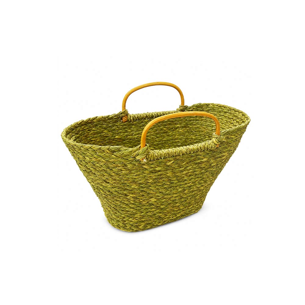 Olive Green Sabai Grass Market Tote with Round Wooden Handles