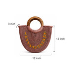 Mauve Sabai Grass Half-Moon Handbag with Wooden Handle