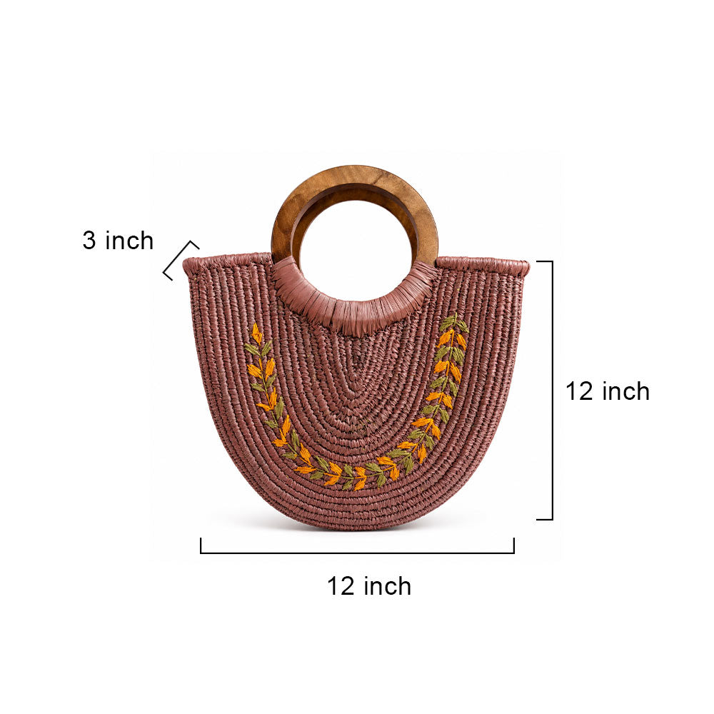 Mauve Sabai Grass Half-Moon Handbag with Wooden Handle