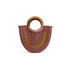 Mauve Sabai Grass Half-Moon Handbag with Wooden Handle