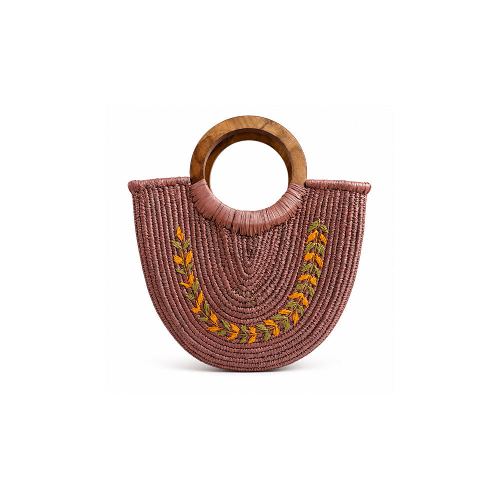 Mauve Sabai Grass Half-Moon Handbag with Wooden Handle