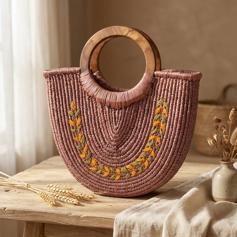 Mauve Sabai Grass Half-Moon Handbag with Wooden Handle