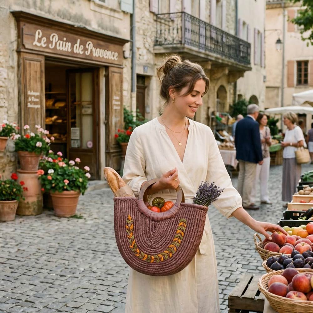 Mauve Sabai Grass Half-Moon Handbag with Wooden Handle