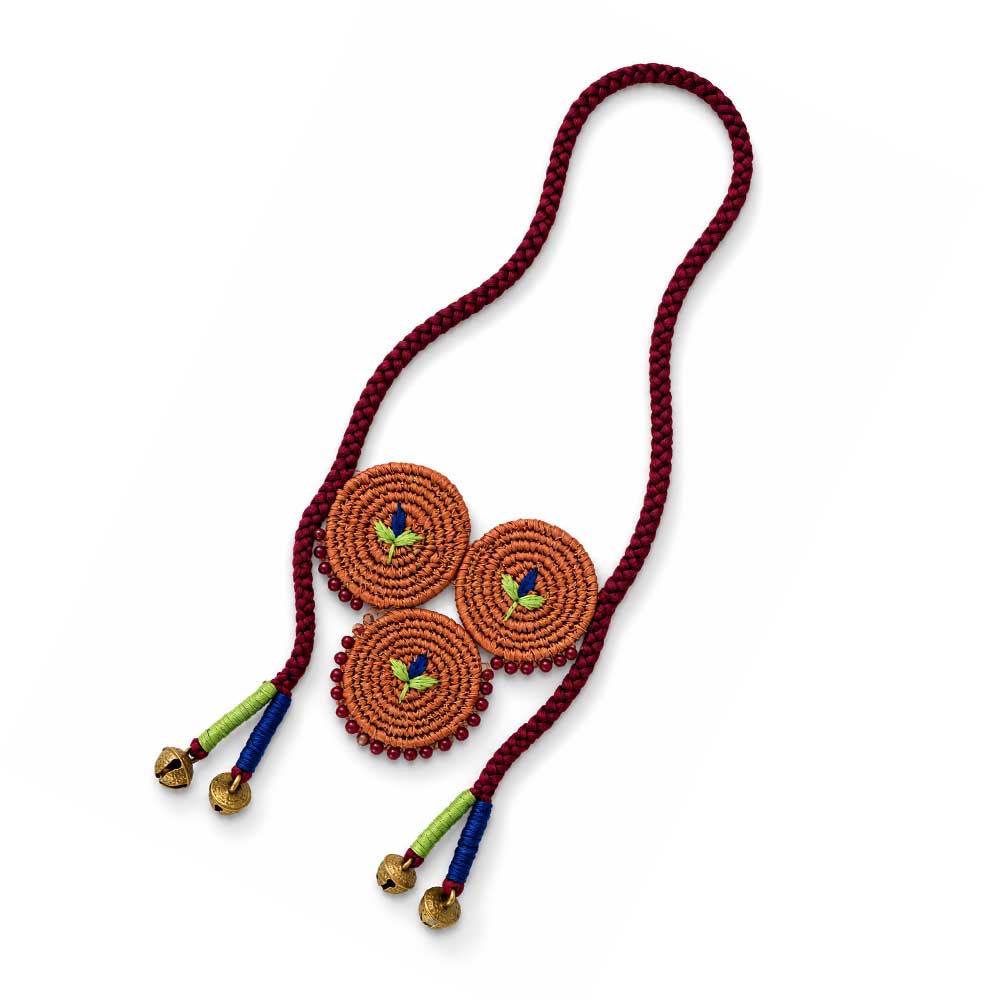 Handcrafted Sabai Grass Circular Pendant Necklace with Bells