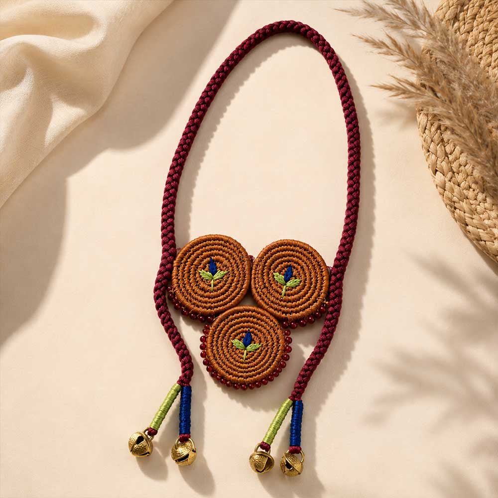 Handcrafted Sabai Grass Circular Pendant Necklace with Bells