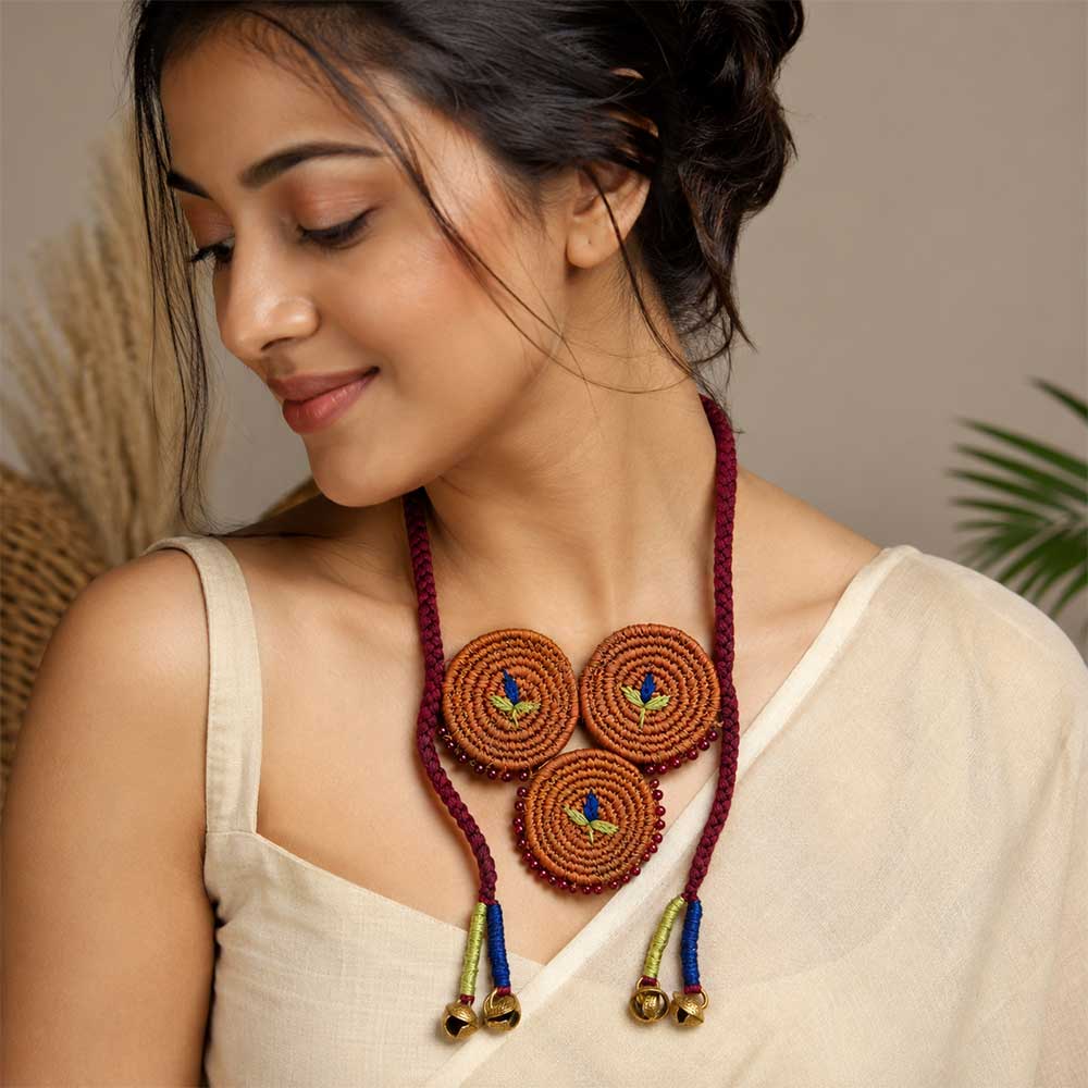 Handcrafted Sabai Grass Circular Pendant Necklace with Bells