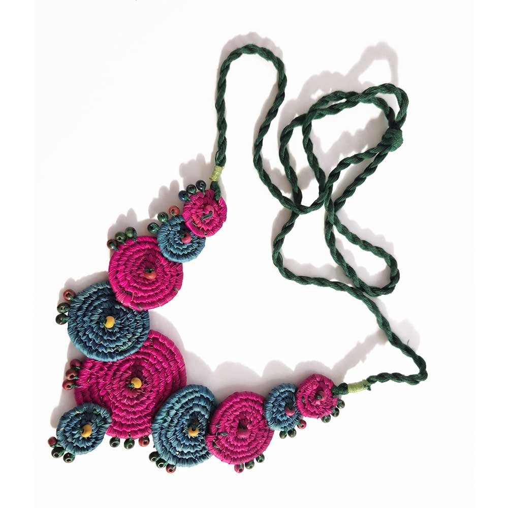 Handcrafted Pink and Teal Sabai Grass Multi-Disc Necklace