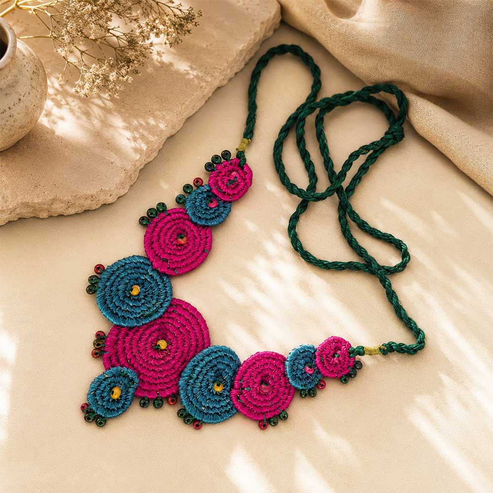 Handcrafted Pink and Teal Sabai Grass Multi-Disc Necklace