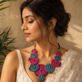 Handcrafted Pink and Teal Sabai Grass Multi-Disc Necklace