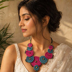 Handcrafted Pink and Teal Sabai Grass Multi-Disc Necklace