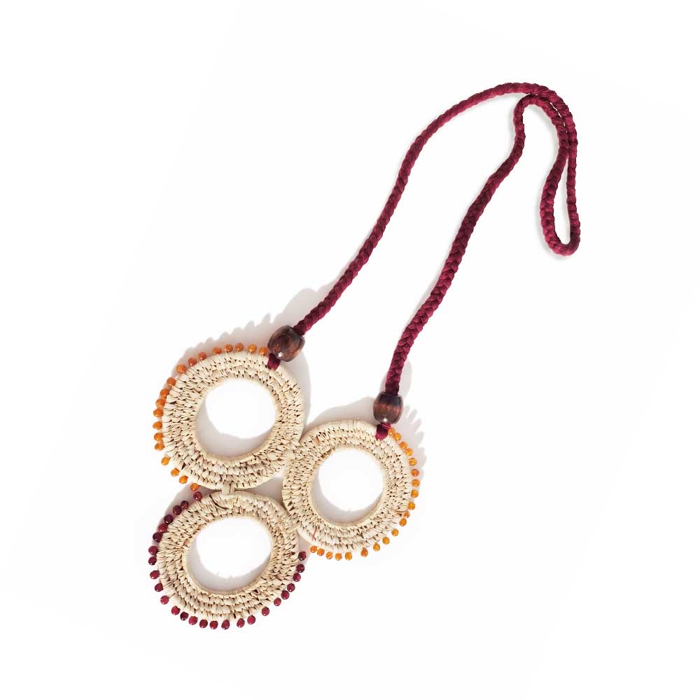 Triple Ring Sabai Grass Necklace with Beaded Accents