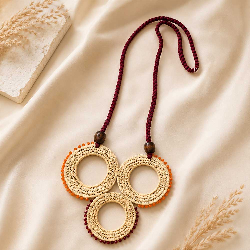 Triple Ring Sabai Grass Necklace with Beaded Accents