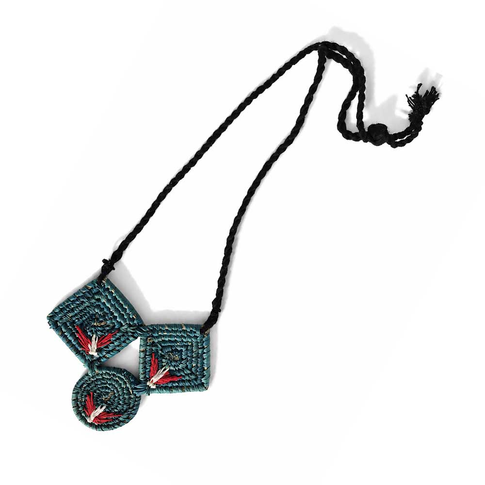 Handwoven Teal Sabai Grass Triple Geometric Pendant Necklace
