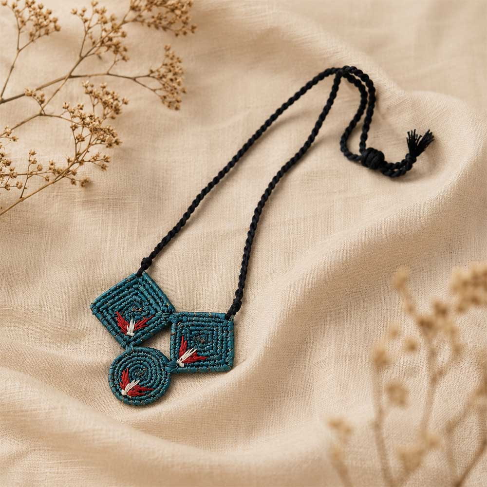 Handwoven Teal Sabai Grass Triple Geometric Pendant Necklace