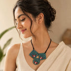 Handwoven Teal Sabai Grass Triple Geometric Pendant Necklace