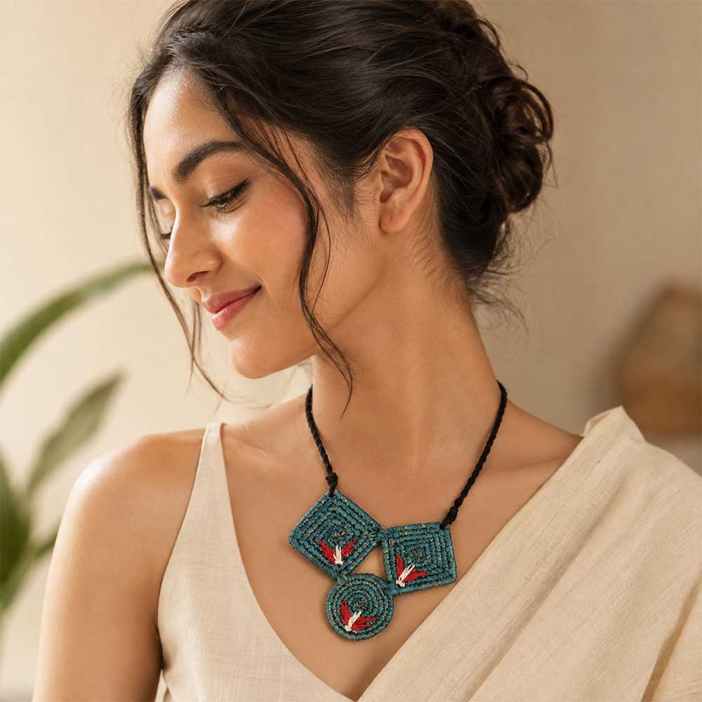 Handwoven Teal Sabai Grass Triple Geometric Pendant Necklace