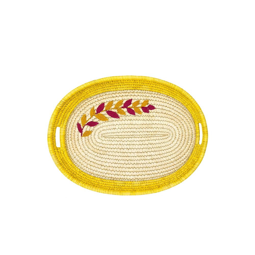 Sun-Kissed Oval Sabai Grass Tray with Floral Embroidery