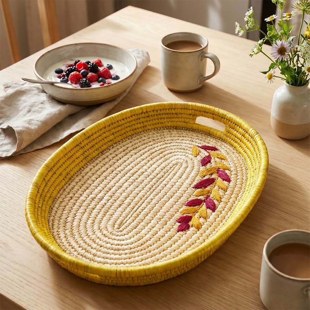 Sun-Kissed Oval Sabai Grass Tray with Floral Embroidery