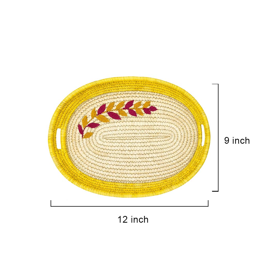 Sun-Kissed Oval Sabai Grass Tray with Floral Embroidery