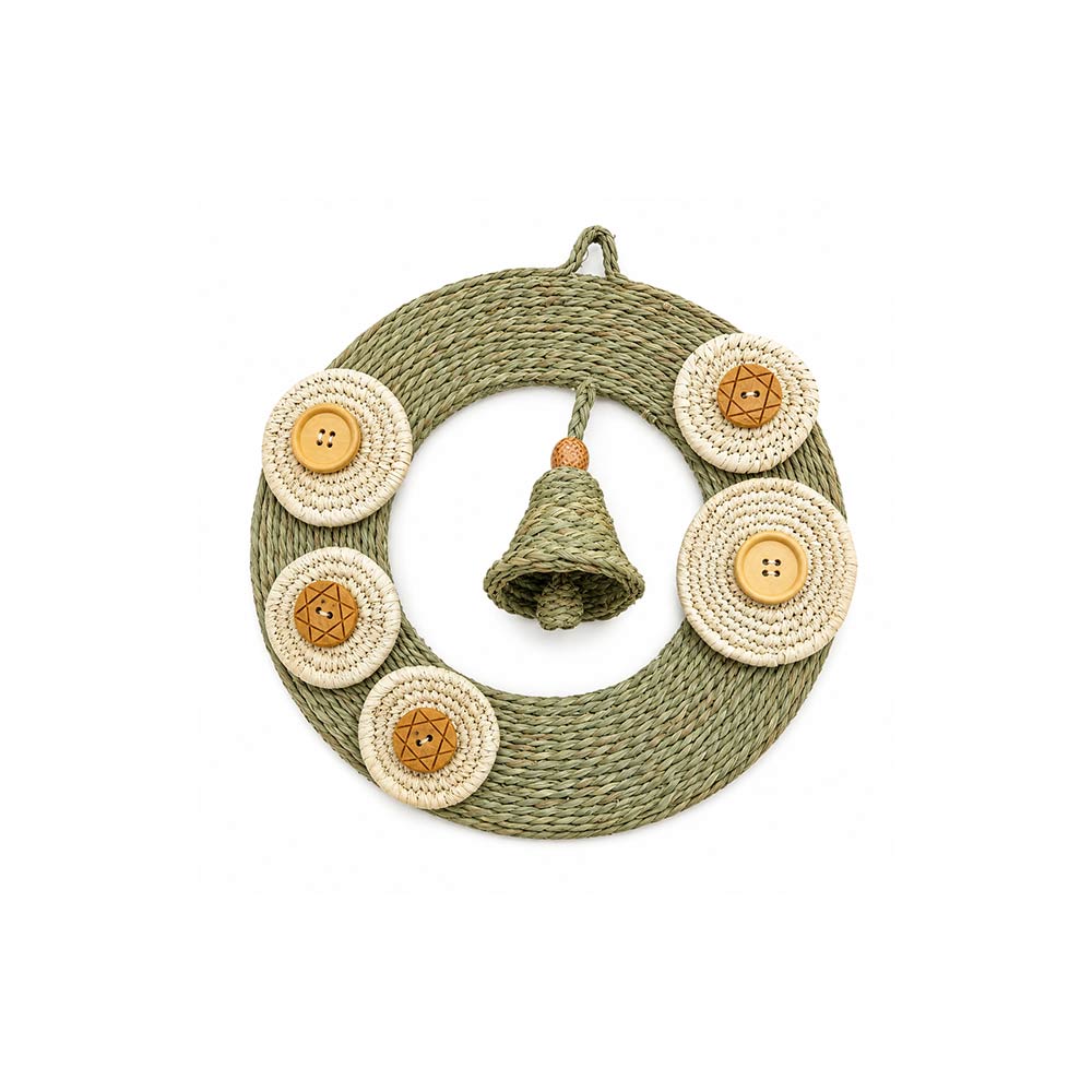 Sage Sabai Grass Wreath with Woven Bell and Button Charms
