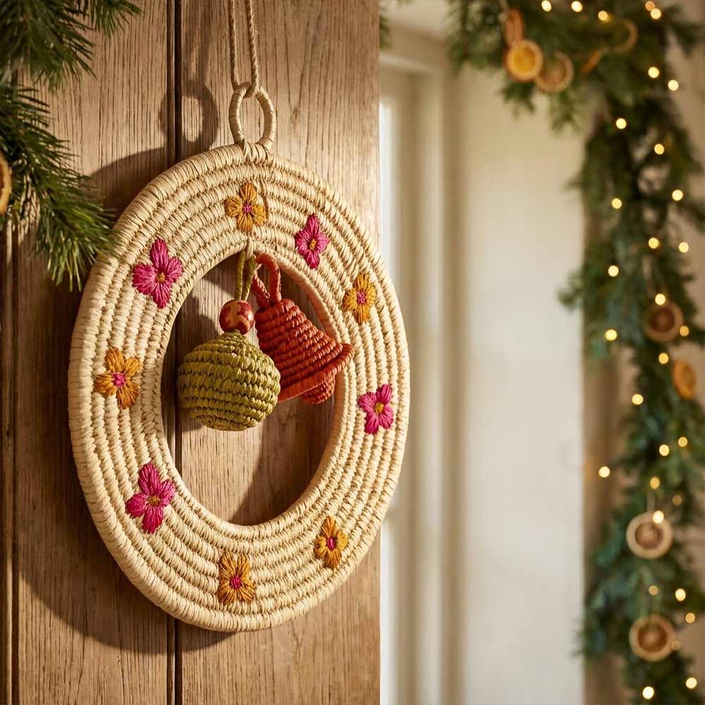 Floral Embroidered Sabai Grass Wreath with Handwoven Charms