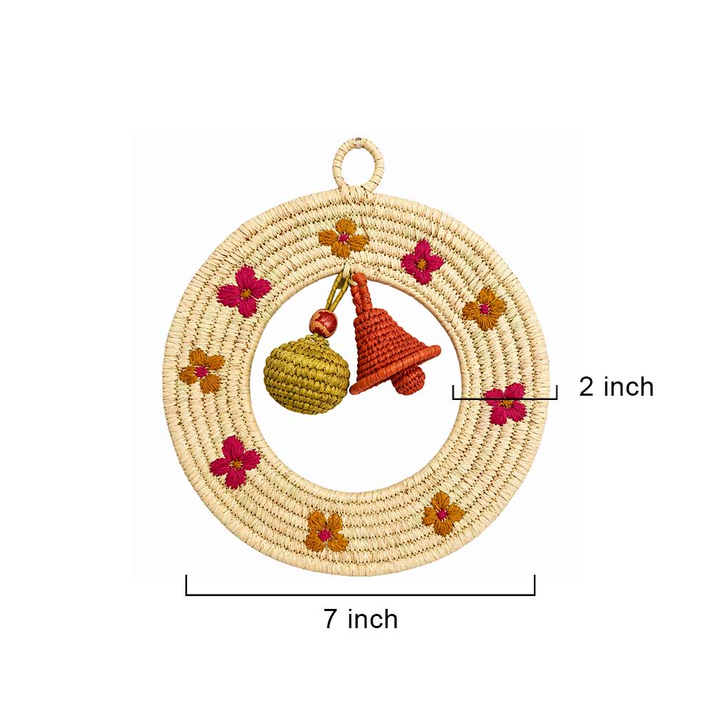 Floral Embroidered Sabai Grass Wreath with Handwoven Charms