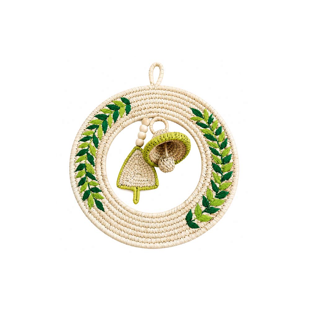 Handwoven Sabai Grass Wreath with Green Leaf Embroidery