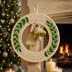 Handwoven Sabai Grass Wreath with Green Leaf Embroidery