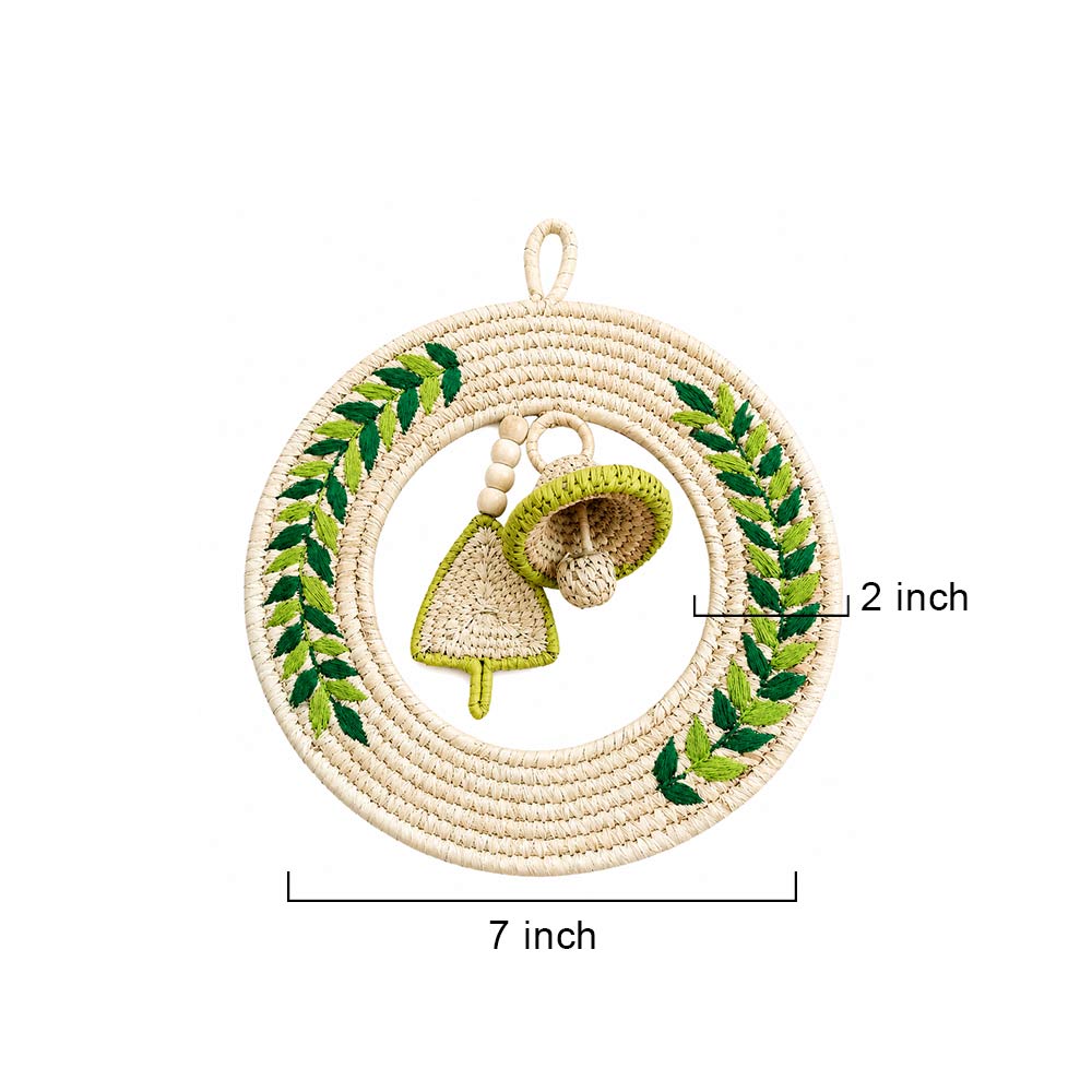 Handwoven Sabai Grass Wreath with Green Leaf Embroidery
